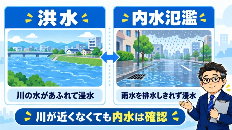 川の水があふれる洪水と雨水を排水しきれない内水氾濫の違い