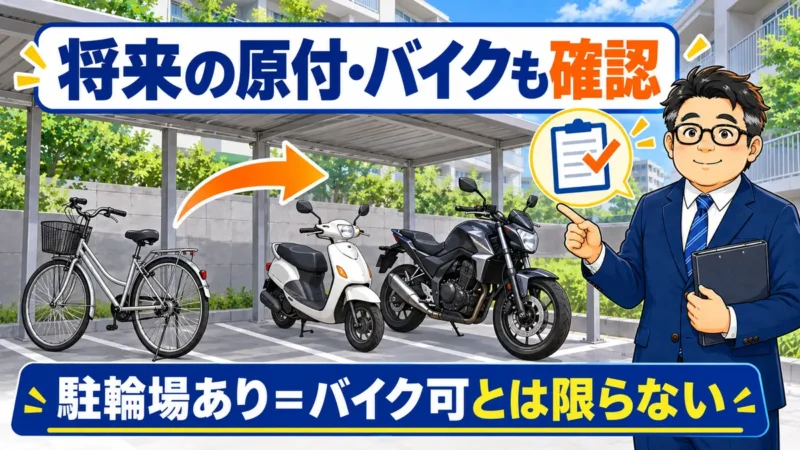 屋根付き駐輪場に普通自転車・原付・バイクが並び、将来の駐輪条件を確認するめがね