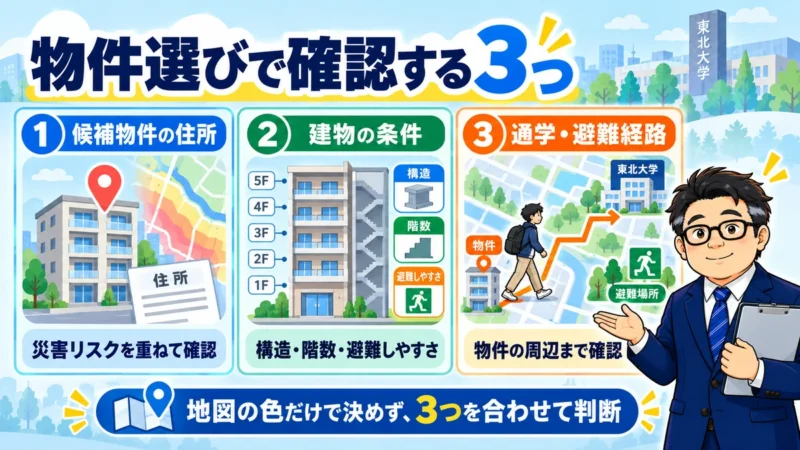 候補物件の住所・建物の条件・通学と避難経路を確認する3項目