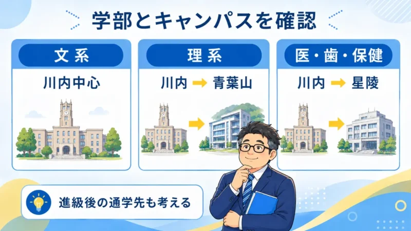 東北大学の文系は川内中心、理系は川内から青葉山、医・歯・保健は川内から星陵への通学を示した図
