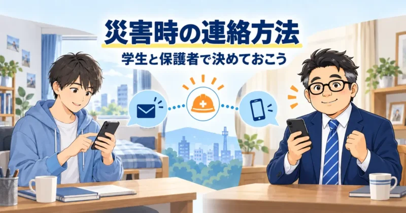 災害時にスマートフォンで安否を伝える大学生と連絡を確認する保護者