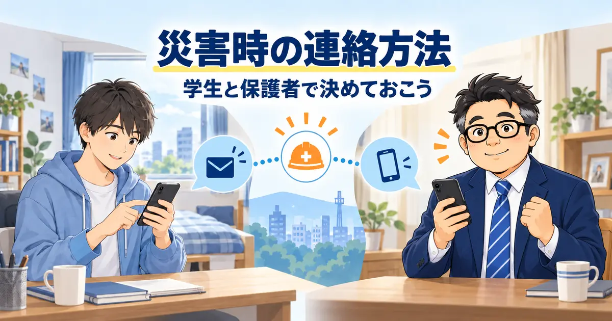 災害時にスマートフォンで安否を伝える大学生と連絡を確認する保護者