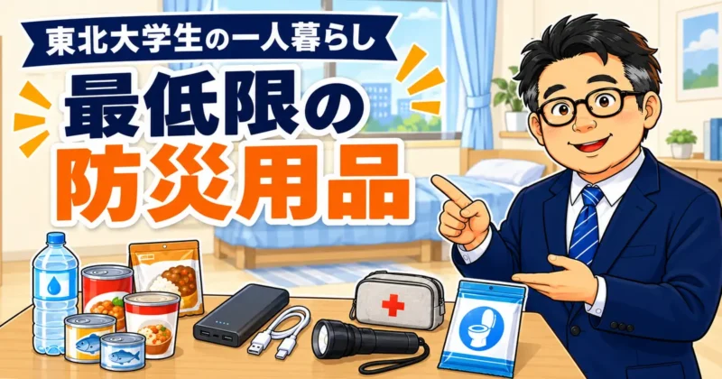 東北大学生の一人暮らしで備えたい飲料水・非常食・モバイルバッテリー・懐中電灯・常備薬・簡易トイレ