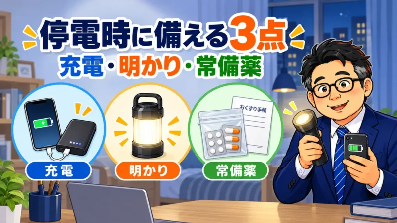 停電時に備えるモバイルバッテリー・懐中電灯・常備薬を確認するめがね