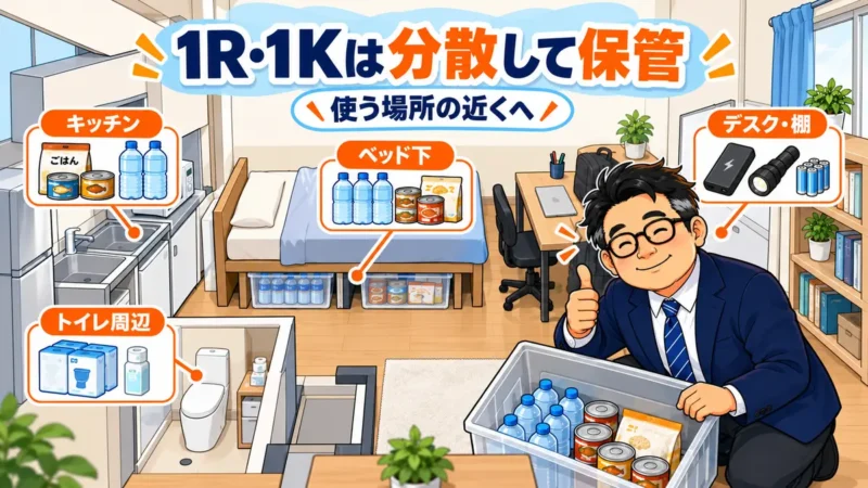 東北大学生の1R・1Kで防災用品をキッチン・ベッド下・トイレ周辺・デスクやバッグに分散して保管する例