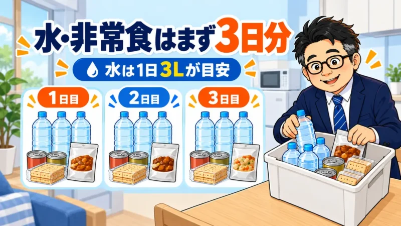 東北大学生の一人暮らしで飲料水を1日3L、非常食とともに3日分備える目安