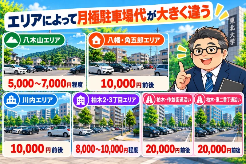 八木山・八幡角五郎・川内・柏木周辺の月極駐車場代比較