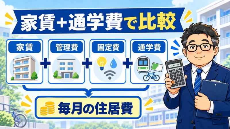 家賃・管理費・固定費・通学費を合計して毎月の住居費を比較する図