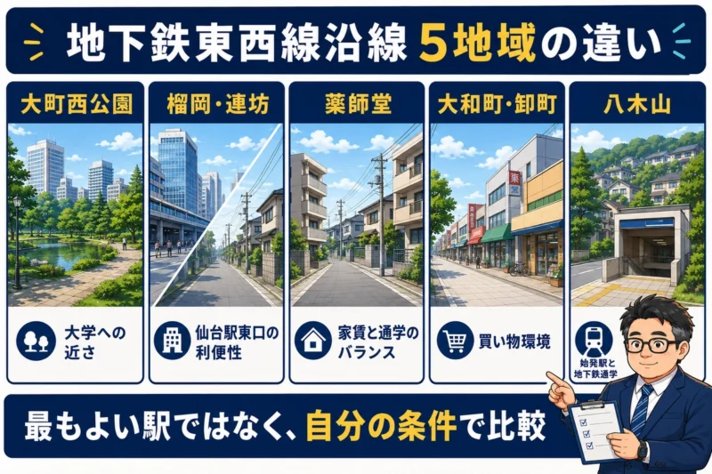 大町西公園、榴岡・連坊、薬師堂、大和町・卸町、八木山の街並みと特徴を比較したイラスト