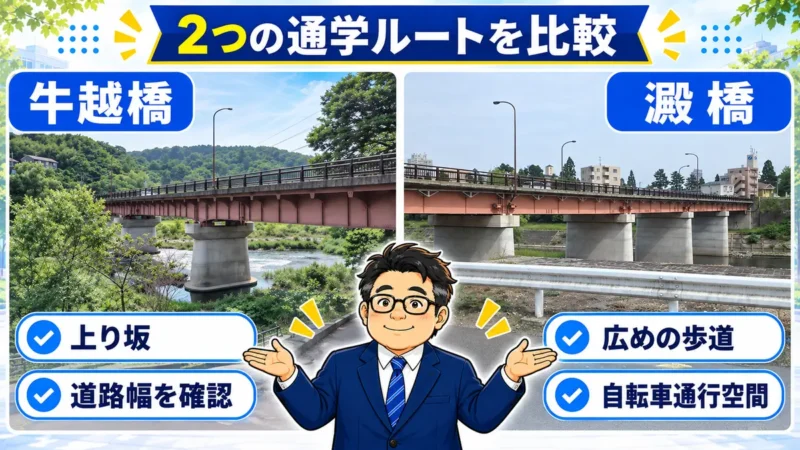 牛越橋ルートと澱橋ルートの坂道や道路環境を比較した図