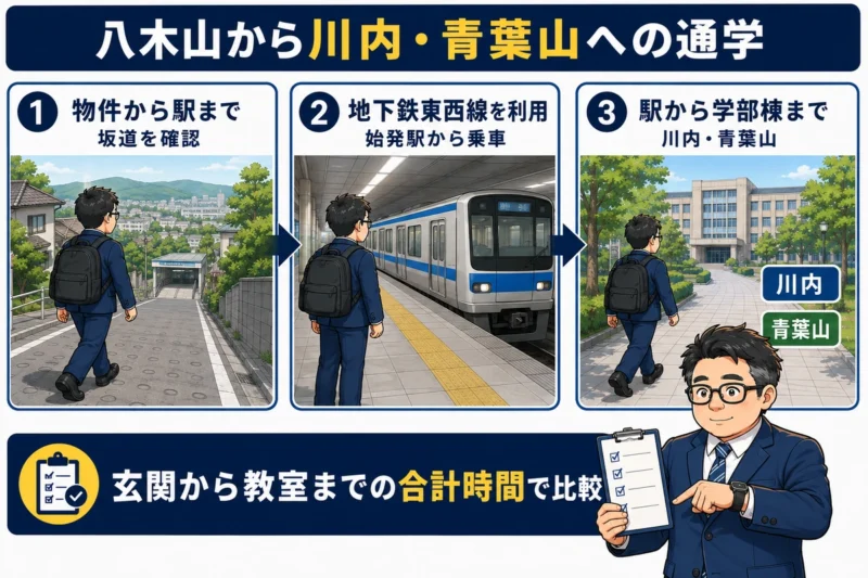 八木山の物件から駅まで歩き、地下鉄東西線で川内・青葉山へ通学する流れ