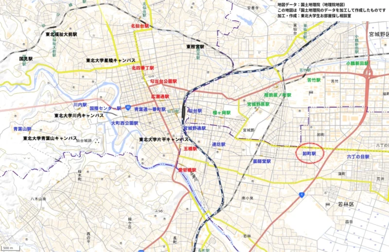 地下鉄東西線卸町周辺の地図です