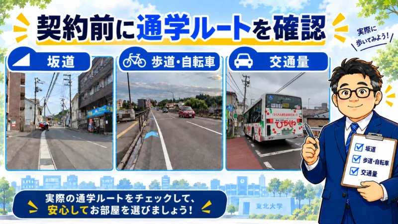 契約前に確認したい坂道、歩道と自転車通行空間、交通量