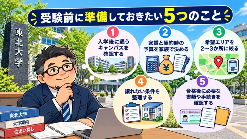 東北大学受験前に確認したいキャンパス、家賃予算、希望エリア、譲れない条件、必要書類の5項目