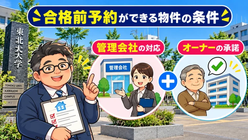 合格前予約ができる物件の条件として、管理会社の対応とオーナーの承諾が必要であることを示した図解