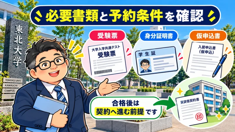 合格前予約で確認する受験票、身分証明書、仮申込書と、合格後に賃貸借契約へ進む流れ