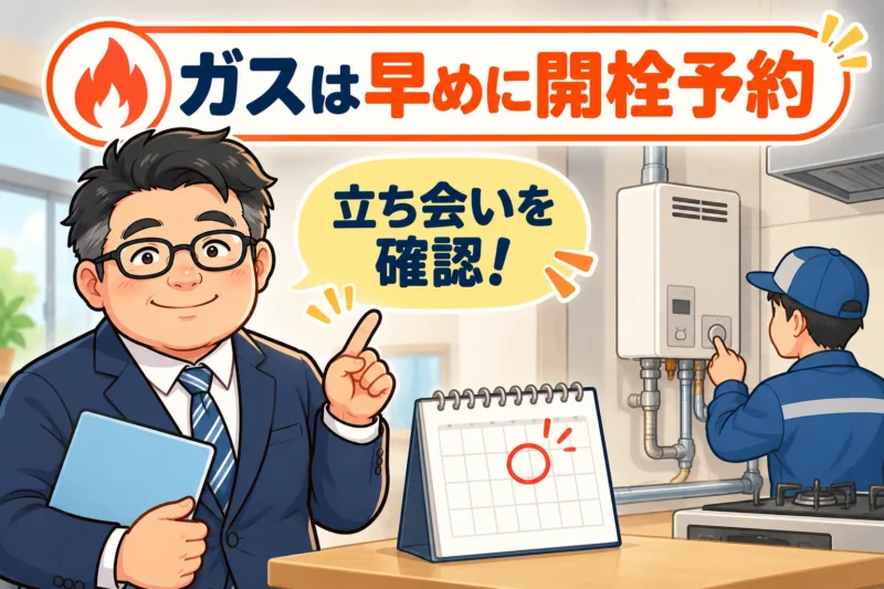 ガスの開栓予約と立ち会いを確認する様子