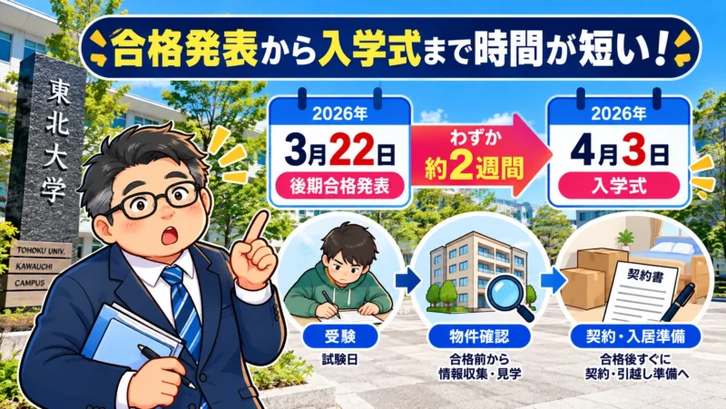 2026年3月22日の後期合格発表から4月3日の入学式までの短い期間と、受験前からの物件確認の重要性