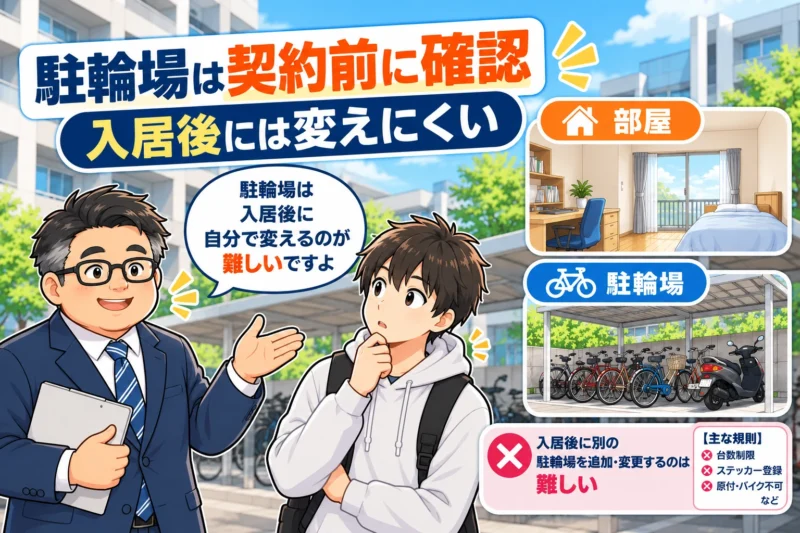 部屋と違い駐輪場は入居後に変更しにくいため契約前に確認するイラスト