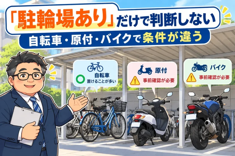 駐輪場ありでも自転車・原付・バイクで利用条件が異なることを説明するイラスト