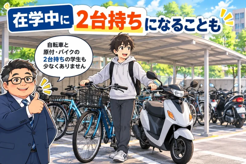 東北大学生が自転車と原付を2台所有して駐輪するイメージ