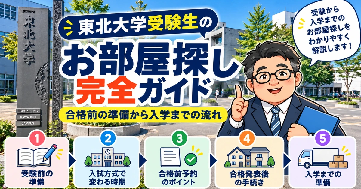 東北大学受験生のお部屋探し完全ガイド。受験前の準備から合格前予約、入学までの5つのステップを紹介