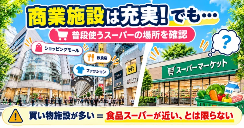 一番町の商業施設が集まる街並みと食品スーパーを比較し、日常の食料品を買う店の場所を確認する重要性を伝える挿絵